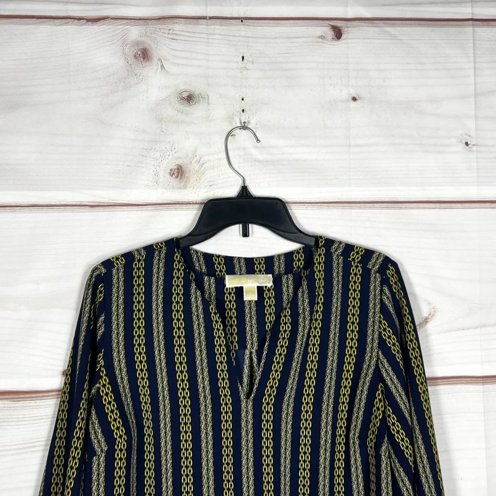 Michael Kors Chain Print Blouse Womens L Blue Gold V-Neck Tie Sleeve Top Office